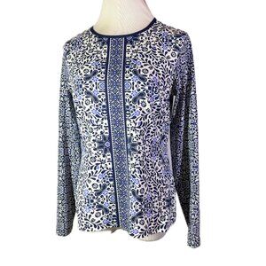 Lands' End Women's S Long Sleeve Rash Guard Swim Top Blue White Floral Folk Art